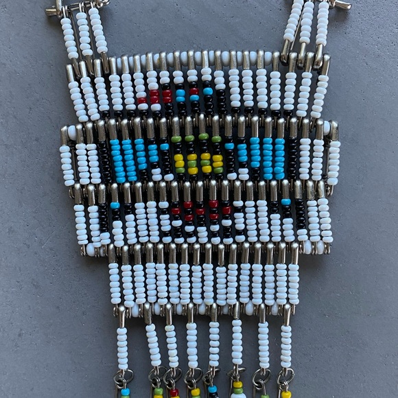 Vintage 70s Native American Thunderbird Beaded Necklace fringe festival boho - Picture 7 of 10